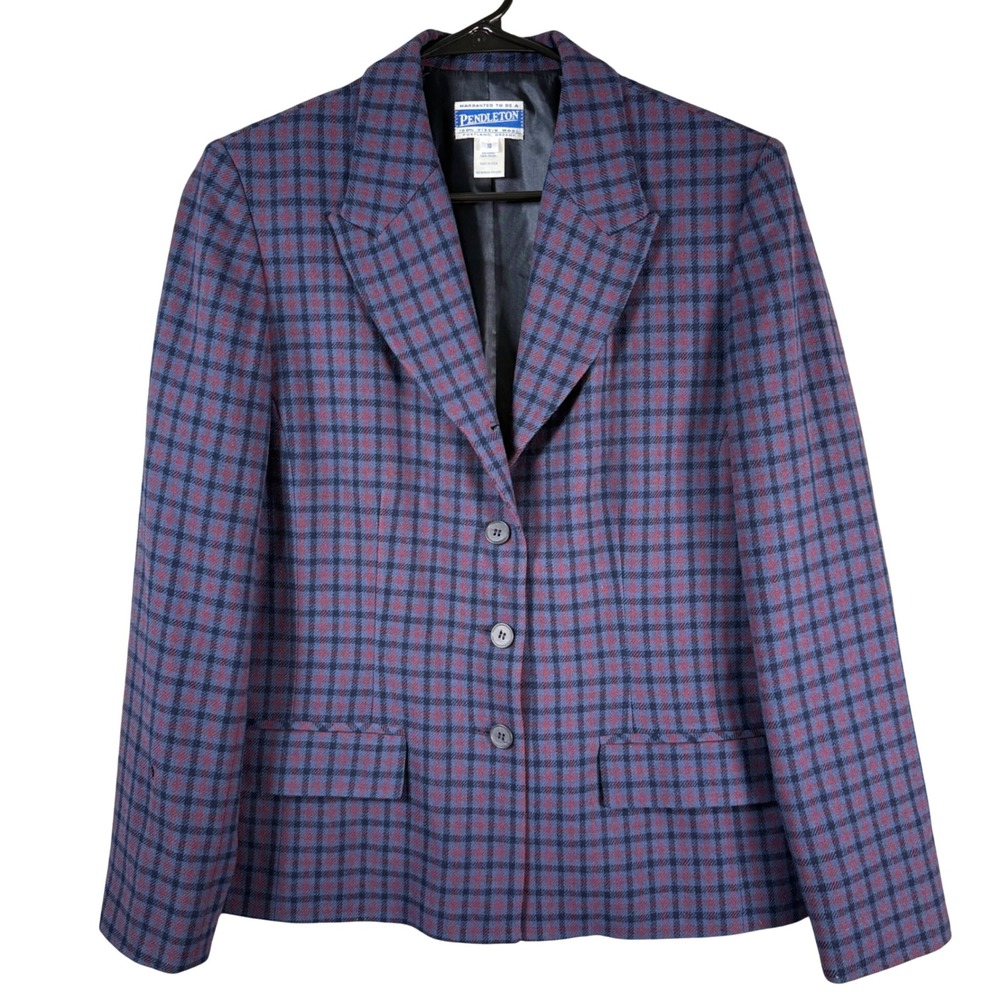Pendleton Plaid Wool Blazer Women 10 Blue Checked Dark Jacket Academia Vintage